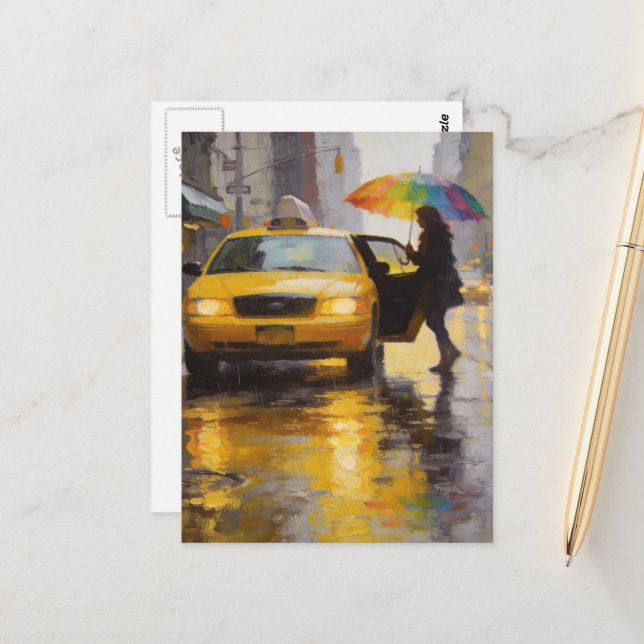 Rainy Day Abstract Woman With A Rainbow Umbrella Postkarte (Vorderseite/Rückseite Beispiel)