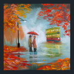 Rainy day autumn red umbrella tram painting poster<br><div class="desc"></div>