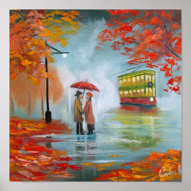 Rainy day autumn red umbrella tram painting poster (Vorne)