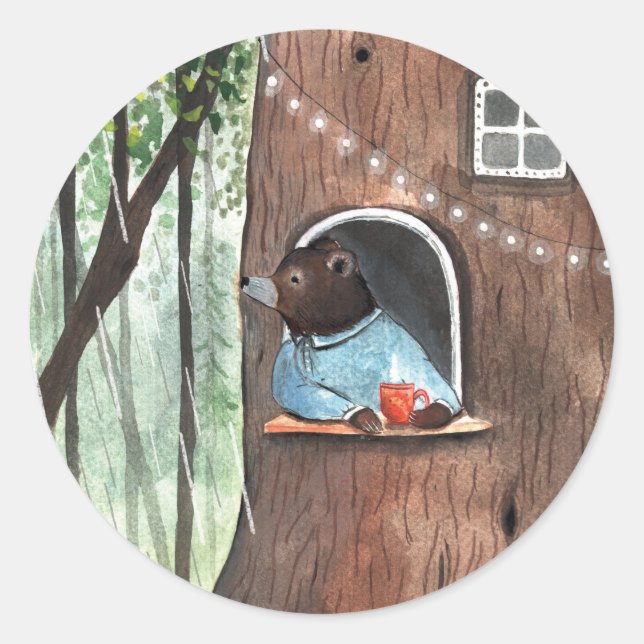 Rainy Day Bear Daydream Tea Time Illustration Runder Aufkleber (Vorderseite)