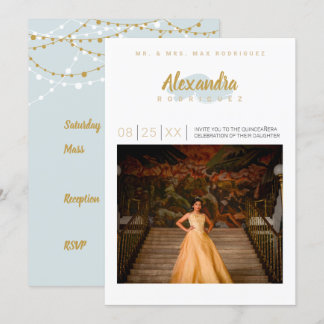 Rainy Day Blue & Gold Foto Quinceanera Einladung