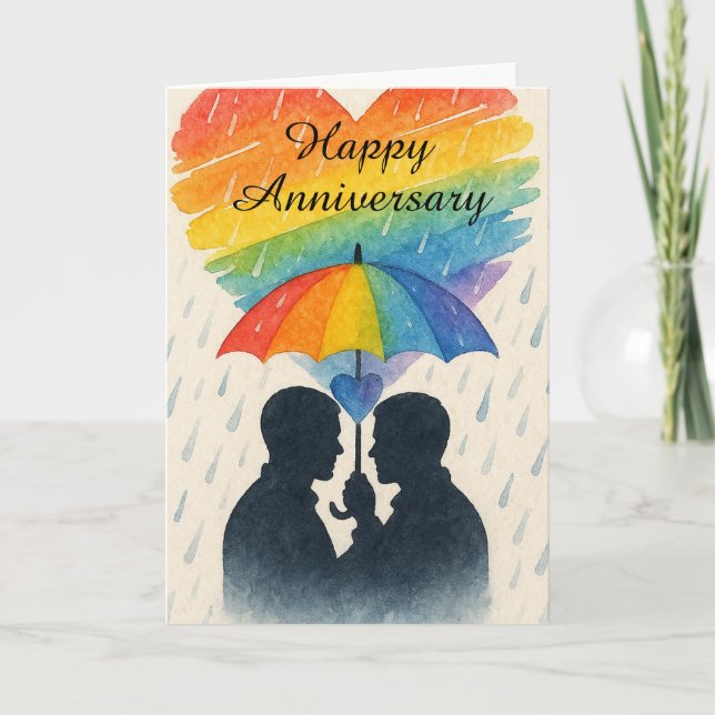 Rainy Day Gay Couple Jubiläum Umbrella Liebe Karte (Vorderseite)