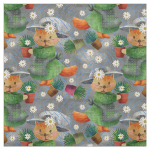 Rainy Day Ginger Cat Daisies Pattern Stoff