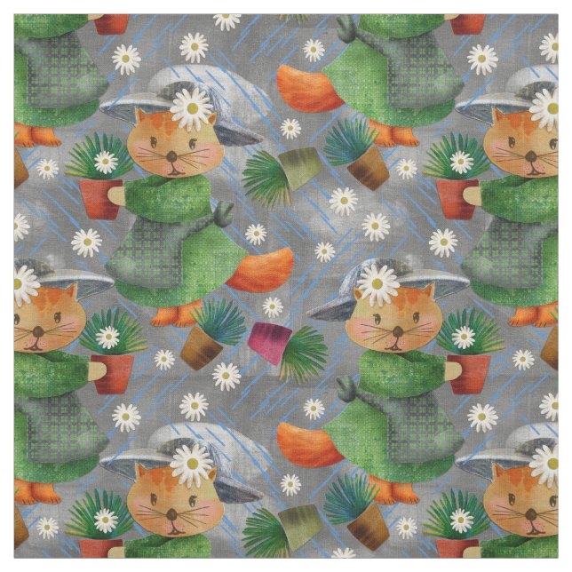 Rainy Day Ginger Cat Daisies Pattern Stoff (Muster)