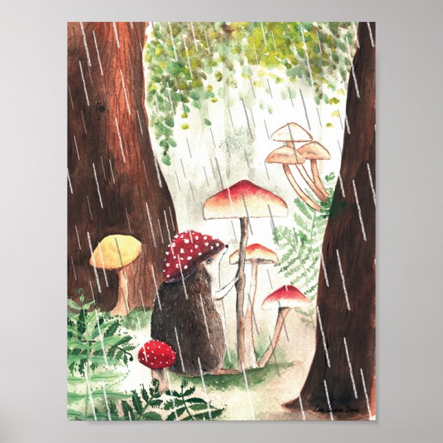 Rainy Day Igel und Toadstool Illustration Poster (Vorne)