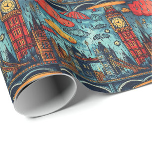 Rainy Day in London, farbenfrohe Doodle Illustrati Geschenkpapier