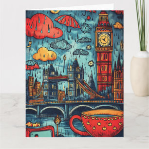 Rainy Day in London, farbenfrohe Doodle Illustrati Karte