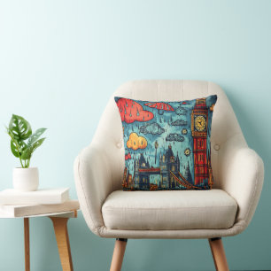 Rainy Day in London, farbenfrohe Doodle Illustrati Kissen