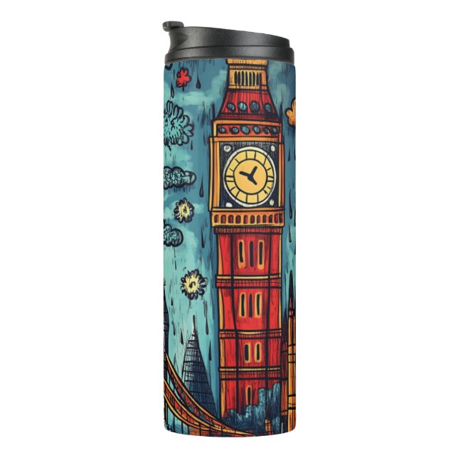 Rainy Day in London, farbenfrohe Doodle Illustrati Thermosbecher (Nach rechts gedreht)