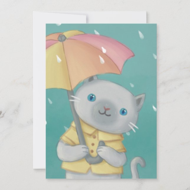 Rainy Day: Katze & Regenschirm-Illustration Einladung (Vorderseite)