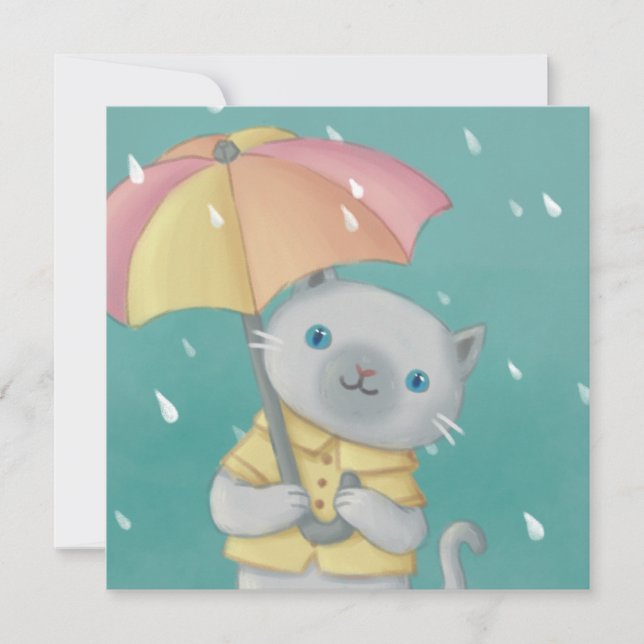 Rainy Day: Katze & Regenschirm-Illustration Einladung (Vorderseite)
