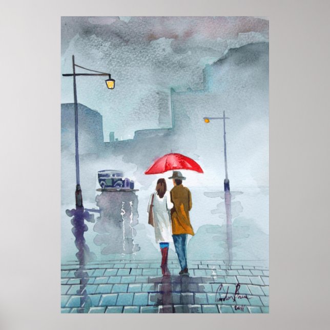 Rainy Day romantisches Paar roter Regenschirmgemäl Poster (Vorne)
