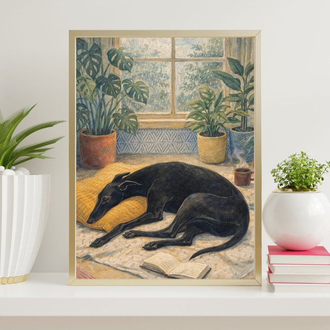 Rainy Day Serenity with Sleeping Black Greyhound Poster (Von Creator hochgeladen)