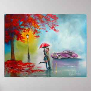 RAINY DAY UMBRELLA KISSING COUPLE POSTER