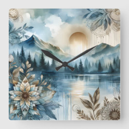 Rainy Day Watercolor Berg Rustikales Boho Quadratische Wanduhr