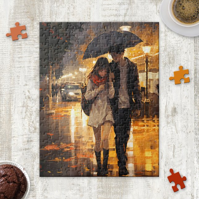 Rainy Fall Day Love Umbrella Puzzle (Puzzle featuring a romantic painting of a couple with umbrella on a rainy autumn day )