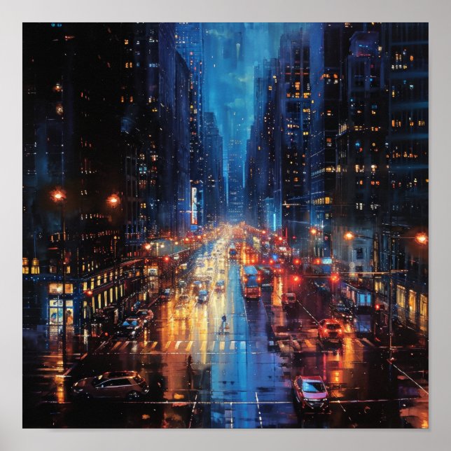 Rainy Rhapsody: Reflektion der Stadtbeleuchtung Poster (Vorne)