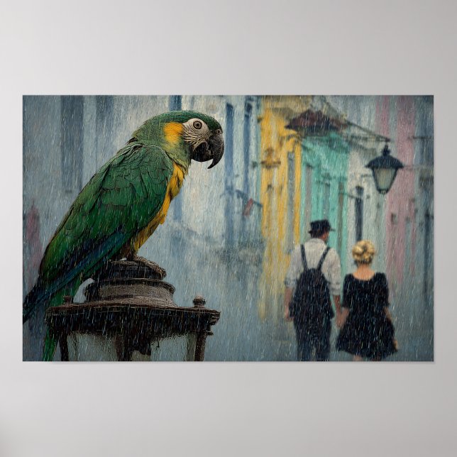 Rainy Romance with Parrot – Parrot on Lamp in Rain Poster (Vorne)