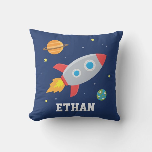 Rakete im Weltraum, Planet und Sterne, Kinderzimme Kissen (Vorderseite)