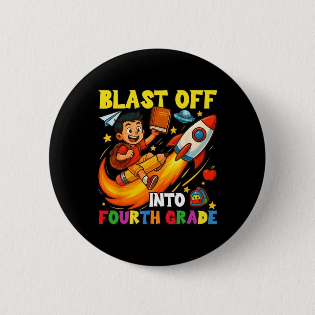 Rakete startet in die vierte Klasse Lustiger Rücke Button (Vorderseite)