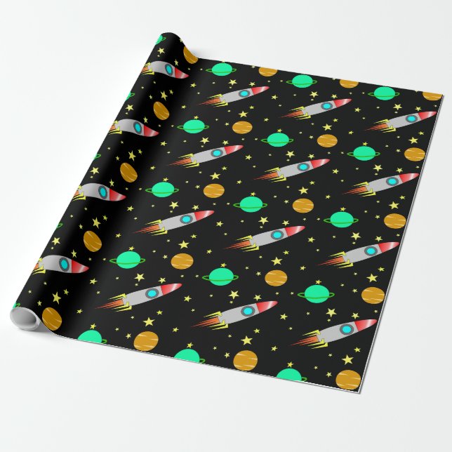 Raketen, Asteroide und Planeten im Weltraum Geschenkpapier (Ungerollt)