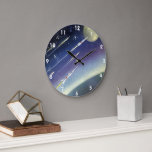Raketen der Vintagen Science Fiction im Weltraum v Große Wanduhr<br><div class="desc">Vintage Illustration futuristische Science Fiction Design mit einem Cluster von Raketen,  die durch den Weltraum fliegen. Sterne und Mond sind über dem Horizont eines fremden Planeten in unserer Galaxie. Ein klassischer 50er Retro-Comic Buch sci fi Design der Zukunft.</div>