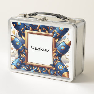 Raketen-Schiffe Gold Navy Blau Personalisiert Jung Metall Brotdose