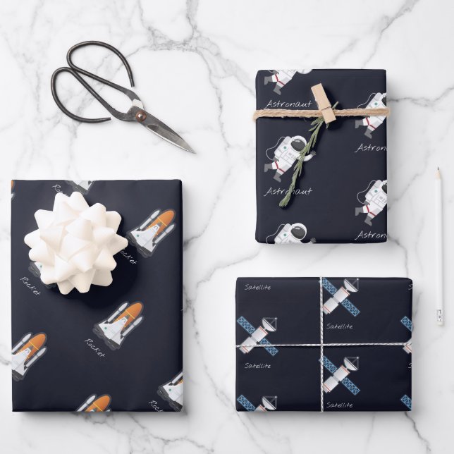 Raketen Sonnensystem Astronautensatellit 3 Stück Geschenkpapier Set (Vorderseite)