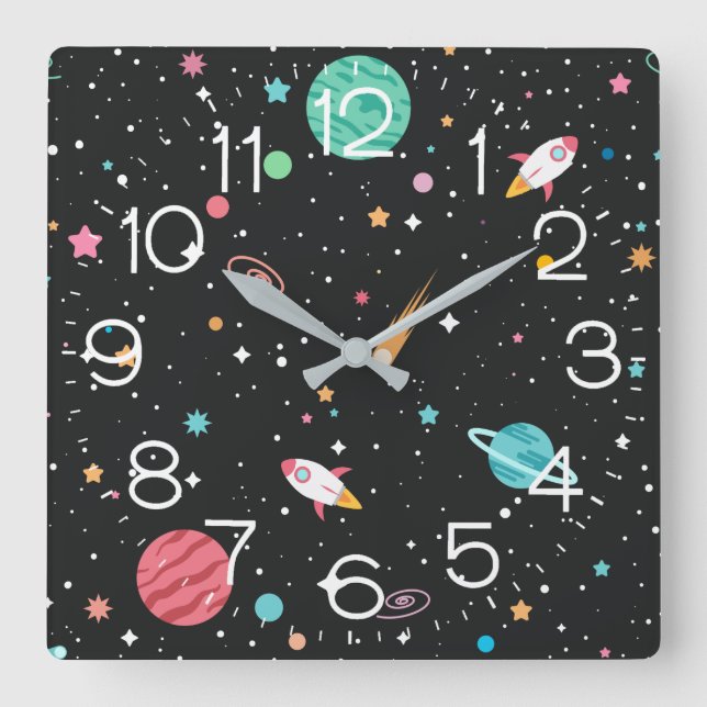 Raketen und Planeten-Uhr Quadratische Wanduhr (Vorderseite)