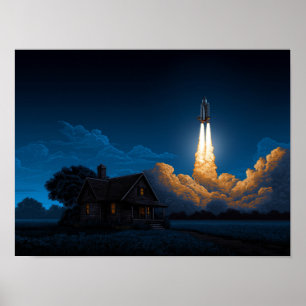 Raketenstart des Space Shuttle bei Nacht hinter Fa Poster
