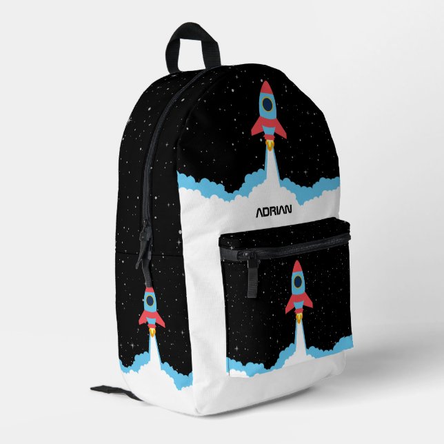 Raketenstart im Weltraumnamen Bedruckter Rucksack (Rückseitige Ecke links)