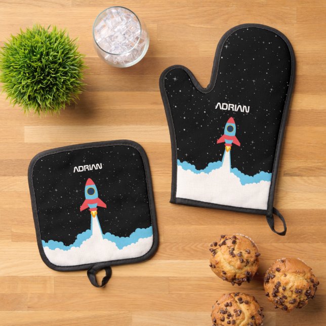 Raketenstart in Weltraumkindern Ofenhandschuh & Topflappen-Set (Oben Unten)