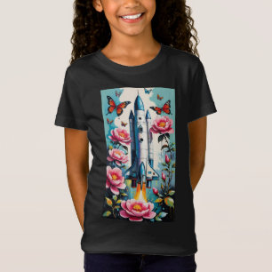 Raketenstart mit rosa Blumen und Schmetterlingen T-Shirt