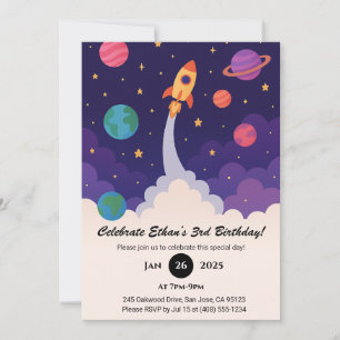 Raketenstart & Weltraum Cartoon Geburtstag Einladung