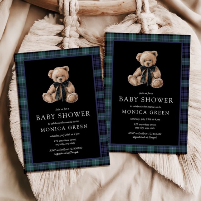 Ralph Teddy Bear Navy Green Plaid Baby Shower Einladung (Ralph Christmas Baby Shower Invitation Plaid Green Blue Plaid Tartan Teddy Bear)