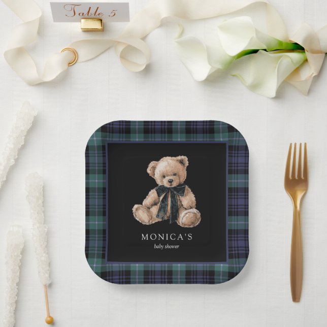 Ralph Teddy Bear Navy Green Plaid Baby Shower Pappteller (Hochzeit)