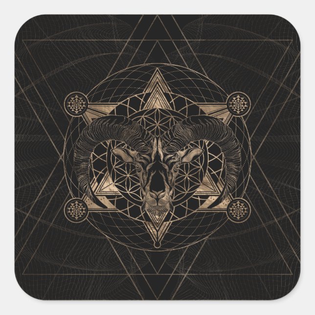 Ram in Sacred Geometry - Schwarz und Gold Quadratischer Aufkleber (Vorderseite)
