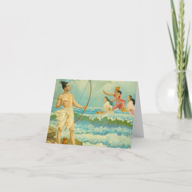 Rama besiegt das Meer durch Raja Ravi Varma Dankeskarte (Vorderseite)