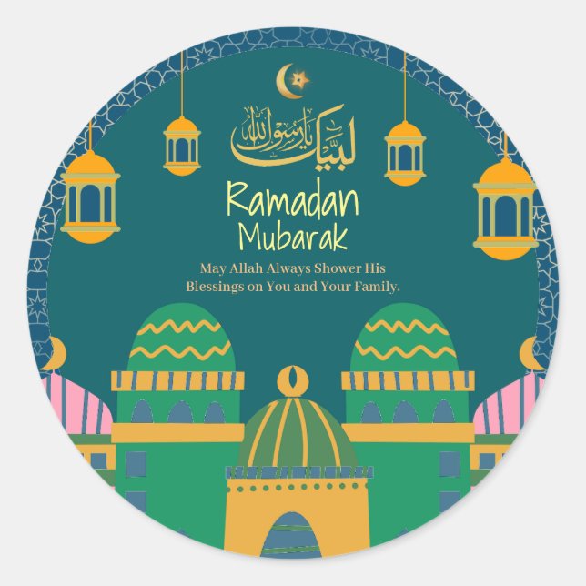 Ramadan| Eid Mubarak Golden Calligraphy Greenblu Runder Aufkleber (Vorderseite)
