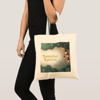 Ramadan Elegance Green & Gold Lanterns and Mosque Tragetasche