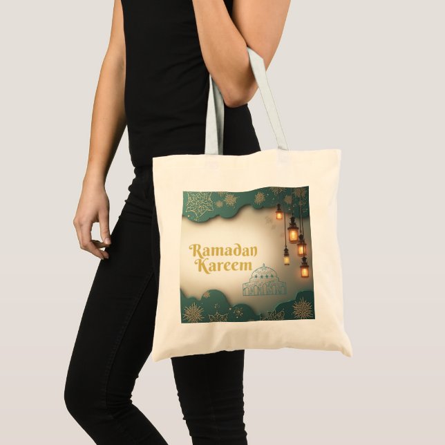 Ramadan Elegance Green & Gold Lanterns and Mosque Tragetasche (Vorderseite (Produkt))