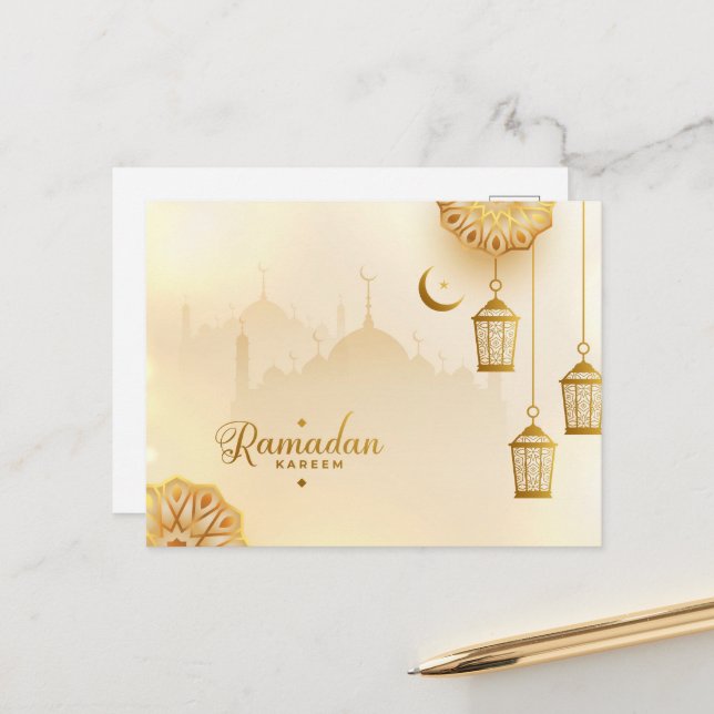 Ramadan Kareem Gold Crescent und Laterne Postkarte (Vorderseite/Rückseite Beispiel)