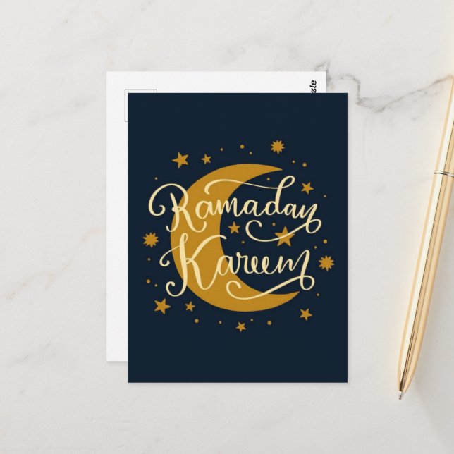 Ramadan Kareem | Gold-Halbmond und Sterne Postkarte (Vorderseite/Rückseite Beispiel)