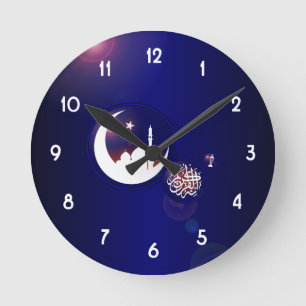 Ramadan Mosque in Crescent Moon with Fanous Blue Runde Wanduhr