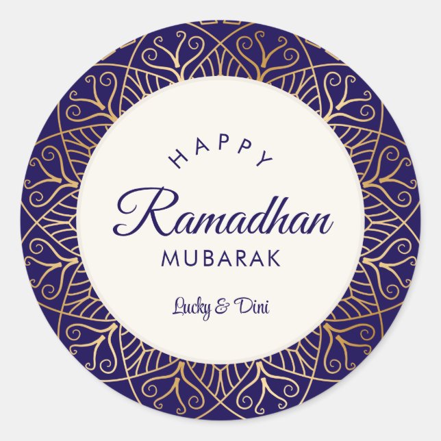 Ramadhan Mubarak Navy und Golden Mandala Runder Aufkleber (Vorderseite)