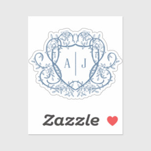 Rambling Rose Steel Blue Monogramm-Wappen Hochzeit Aufkleber