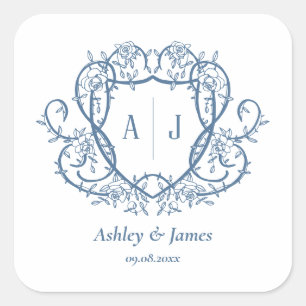 Rambling Rose Steel Blue Monogramm-Wappen-Hochzeit Quadratischer Aufkleber