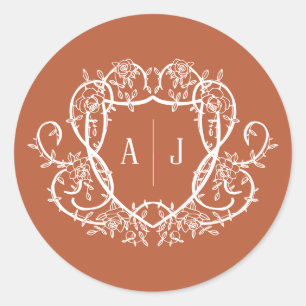 Rambling Rose Terrakotta-Monogramm-Wappen Hochzeit Runder Aufkleber