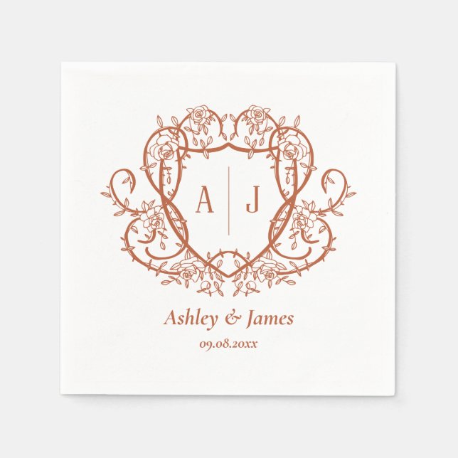 Rambling Rose Terrakotta-Monogramm-Wappen Hochzeit Serviette (Vorderseite)