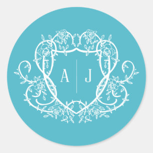 Rambling Rose Türkis Monogrammwappen Hochzeit Runder Aufkleber